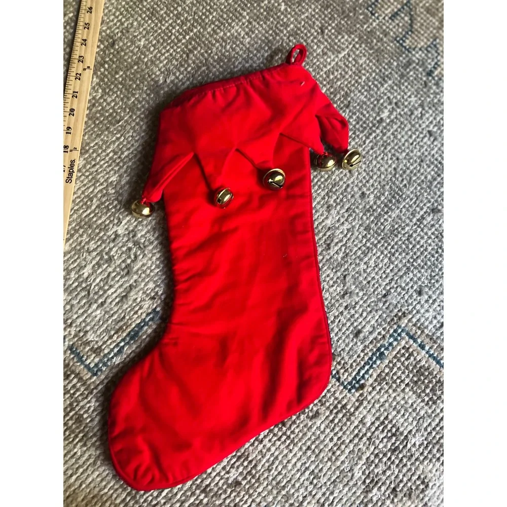 Vintage Needlepoint Christmas Stocking Nutcracker Harlequin Jingle Bells Red